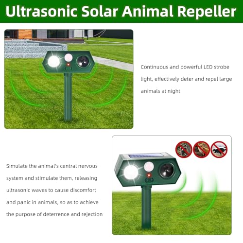2026 Upgraded Solar Ultrasonic Animal Repellent Deer Repellent Devices with Motion Sensor & Flashing Light Cat Repellent Outdoor to Keep Squirrel Raccoon Rabbit Away from Yard Garden 2 Pack