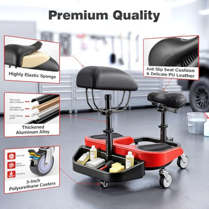 Kneeling Sitting Creeper with Chest Support, Rolling Knee Pads with Adjustable Seat & Tool Tray, 3-Inch Multi-Terrain Casters & Anti-Flip Protection for Tile Flooring, Auto Repair & Gardening