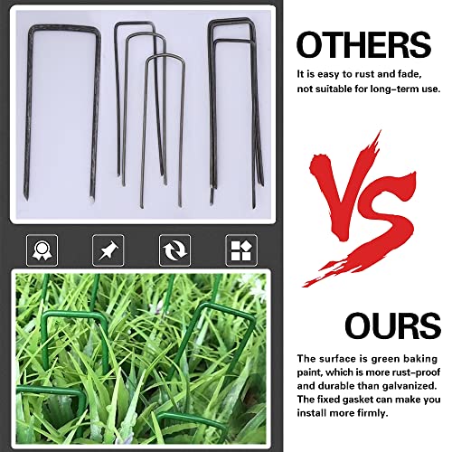 Bakulyor 50pcs Green Artificial Turf Stakes Staples + 50pcs Buffer Washer, 6 Inch 11 Gauge Landscape Staples, Galvanized Lawn Spikes, Heavy Duty Yard Ground Pin for Grass Weed Barrier Sod Fabric - color: Green