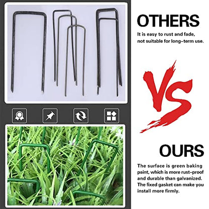 Bakulyor 50pcs Green Artificial Turf Stakes Staples + 50pcs Buffer Washer, 6 Inch 11 Gauge Landscape Staples, Galvanized Lawn Spikes, Heavy Duty Yard Ground Pin for Grass Weed Barrier Sod Fabric - color: Green
