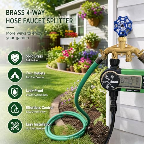Hourleey Brass Garden Hose Splitter (4 Way), Solid Brass Hose Connector 3/4", Hose Spigot Adapter 4 Valves with 4 Extra Rubber Washers - size: 1 Pack - 4 Way