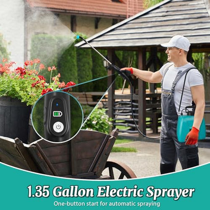 1.35 Gallon Battery Powered Sprayer, Electric Pump Sprayer in Lawn & Garden - color: Blue-green, size: 1.35 Gallon