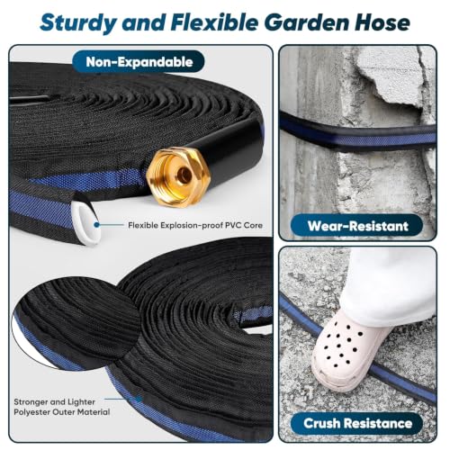 Garden Hose 50 ft, Non-Expanding Water Hose, Flexible Ultra-Light - color: Black, size: 50FT