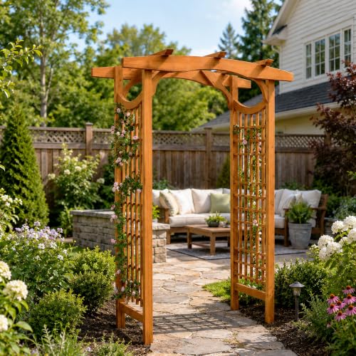 Solid Fir Wood Garden Arch Trellis for Climbing Plants Outdoor - color: Brown, size: 83"H x 59"W x 30"D