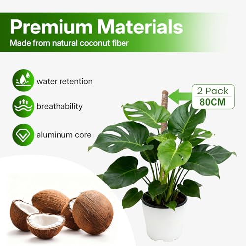 Mcbazel 2 Pack 31.5 Inch Bendable Moss Pole for Plants Monstera - Coco Coir Plant Support Stakes for Climbing Indoor Pothos, Potted Climbers & Philodendron - Flexible Stick Kit with Full Garden Ties - size: 2x80CM/31.5inch