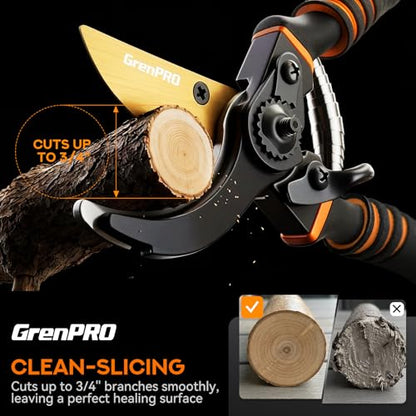 GRENPRO 8.6" Bypass Pruning Shears with SK5 Blades, 1.38" Cut Capacity - color: Black