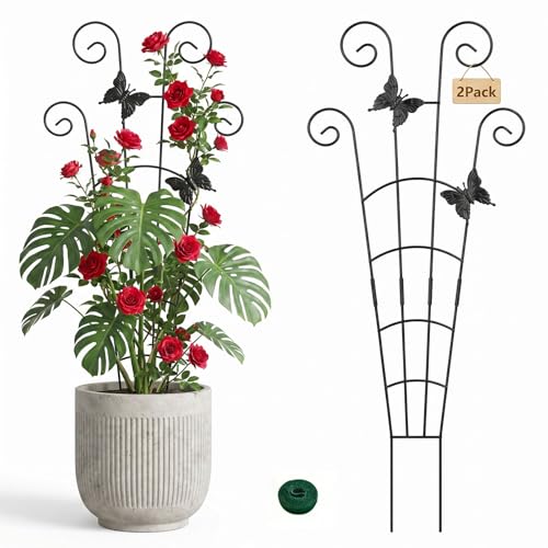 2 Pack 30 in Adjustable Plant Trellis Thickened Rust-Proof Metal Climbing Support Expandable 15-30 Inch Indoor Outdoor Garden Trellis for Pothos Ivy Monstera with Plant Ties - color: Black Butterfly