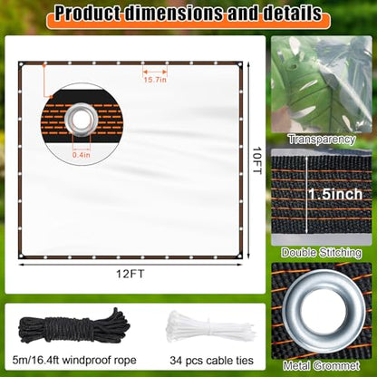 10x12FT Heavy Duty Clear Waterproof Tarp,Outdoor Garden Rainproof Covering - size: 10 x 12 FT