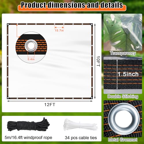10x12FT Heavy Duty Clear Waterproof Tarp,Outdoor Garden Rainproof Covering - size: 10 x 12 FT