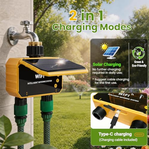 Sprinkler Timer, Solar WiFi Water Timer for Garden Hose, 2 Zone Water Sprinkler with Rain Sensor and Manual Mode via APP/Voice Control, Automatic Irrigation Control System for Lawns, Yard and Pool