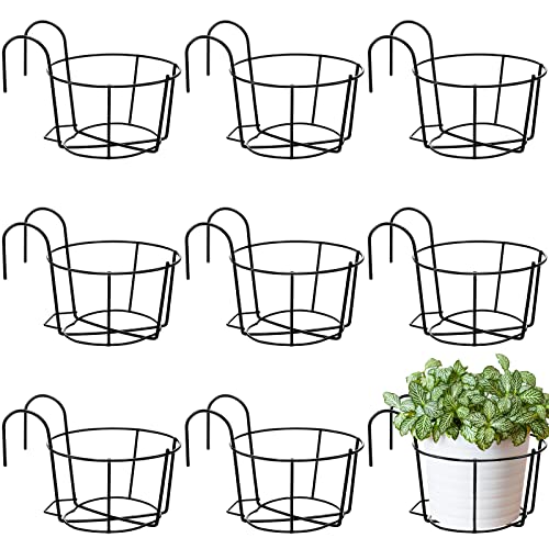 Wesiti 10 Pcs Round Hanging Railing Planters Outdoor Balcony Planters Metal Hanging Baskets Flower Pot Holder for Fence Indoor Porch Shelf Container(8 Inch,Black) - color: Black, size: 8 Inch