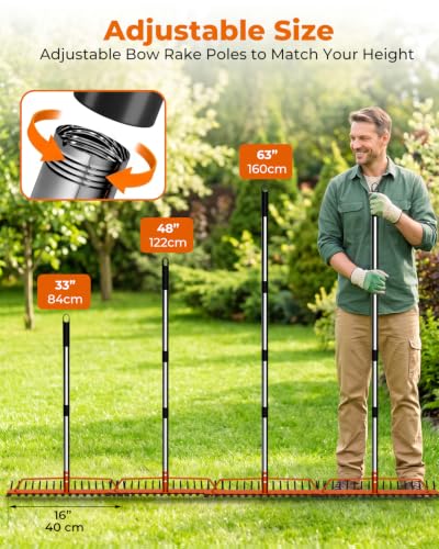 63'' Bow Rake for Soil Leveling, 17 Tines Heavy-Duty Garden Rakes - size: 63IN