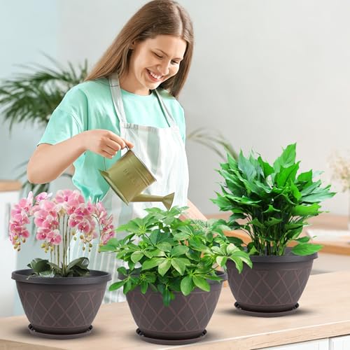 6 Pack 8 Inch Plant Pots, Planters with Drainage Holes & Saucers - color: Plaid Pattern-brown, size: 8 Inch - 6Pack