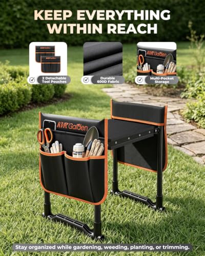 KVR Garden Kneeler and Seat with 2 Tool Pouches, Heavy Duty Foldable Gardening Stool, Portable Bench with Thick EVA Foam for Knee Support, Gifts for Seniors, Black/Orange