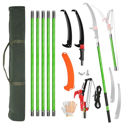 Outvita Manual Pole Saw, 24 Feet Extendable Tree Pruner with Knives and Storage Pocket, Sharp Steel Blade and Scissors High Branches Trimming for Pruning Palms and Shrubs(Green) - color: Green, size: 24 feet