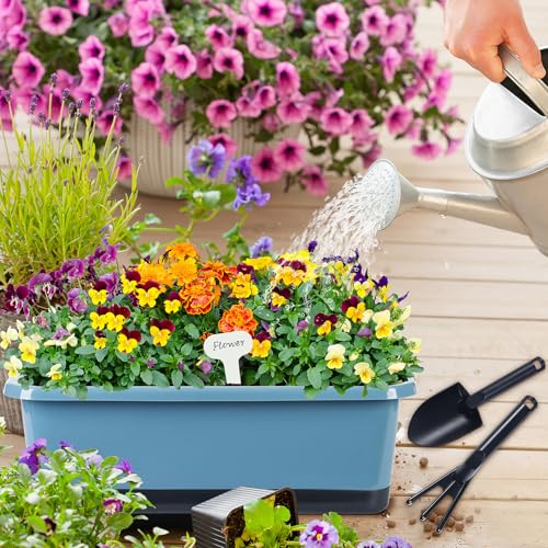 Oliz Window Box Planter 6 Pcs, 17 Inches Rectangle Flower Pots with Drainage Holes and Trays, Vegetable Planters for Windowsill Patio Garden Balcony Home Indoor Outdoor (Blue, 18 * 10 * 6 inch) - size: 18*10*6 inch