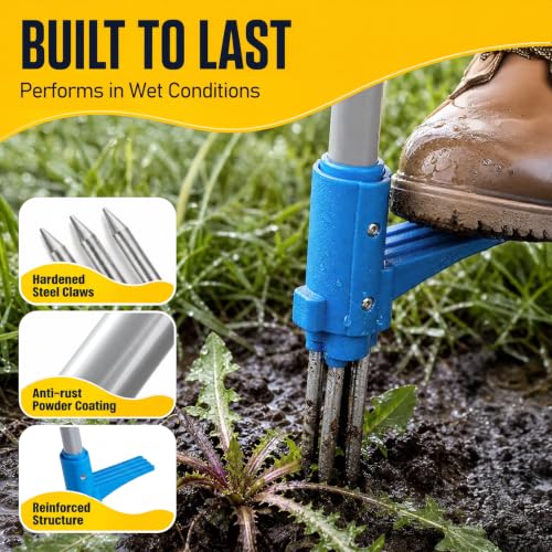 PASAMIC Stand Up Weed Puller Tool with Long Handle, 36in Weeding Tool with 3-Claw Steel Tip & Ejector Button, Rustproof Weeding Tools Gardening & Weed Remover for Garden, Blue