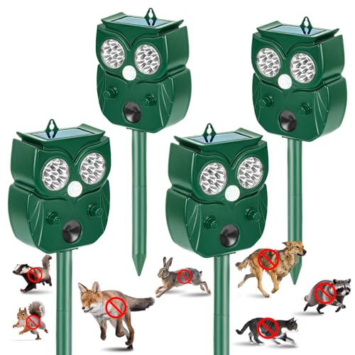 Solar Ultrasonic Animal Repellent Outdoor, 4Pack Waterproof Deer Repellent Devices with RIP Motion Sensor, Cat Repellent with LED Flashing Lights, Raccoons, Skunks, Rabbits Deer Deterrent Outdoor