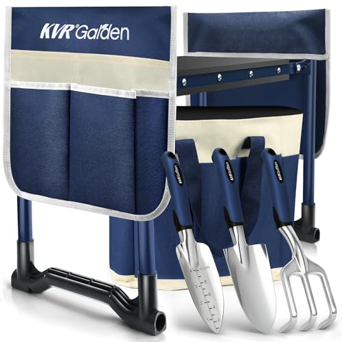 KVR Garden Kneeler and Seat Heavy Duty, 7-Piece Foldable Gardening Bench & Stool Set with 3 Aluminum Tools, 2 Secure Tool Pouches and Double-Layer Tote Bag, Gift for Seniors - color: Blue