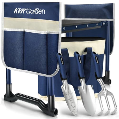 KVR Garden Kneeler and Seat Heavy Duty, 7-Piece Foldable Gardening Bench & Stool Set with 3 Aluminum Tools, 2 Secure Tool Pouches and Double-Layer Tote Bag, Gift for Seniors - color: Blue