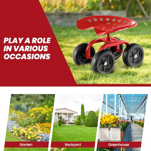 LDAILY Garden Seat with Wheels 11"-16" Adjustable Height for Lawn Planting - color: Red