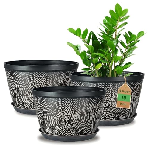 Quarut 10 Inch Flower Pots for Outdoor Indoor, 3 Pack Plastic Plant Pots - color: Circular Pattern-brown, size: 10 inch-3 Pack