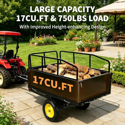 Heavy-Duty Steel Garden Dump Cart, 17 Cu. Ft. Utility Trailer,750 lb Capacity, Removable Sides, Quick-Release Foot Pedal, Universal Hitch, 16" All-Terrain Tires, Compatible with Lawn Mower, ATV