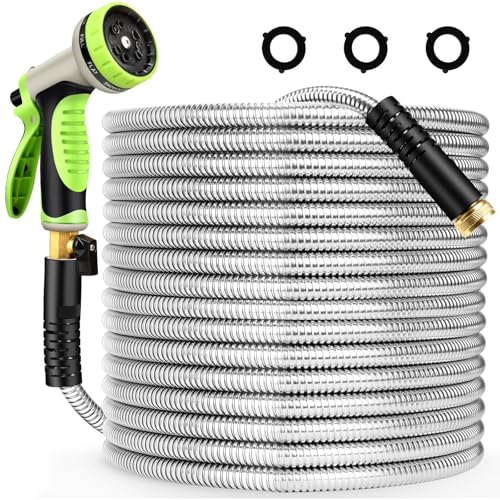 Metal Garden Hose 100 ft Stainless Steel Heavy Duty Water Hose with 10 Function Nozzles Flexible Lightweight Kink-Free Leakproof Sturdy Hoses Pipe 3/4" Brass Fitting for Outdoor Yard Lawn RV - size: 100FT