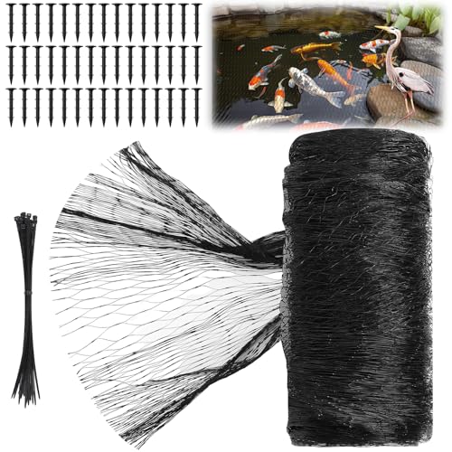 Koi Pond Netting Kit 30 x 53ft, Bird Deer Fence Netting, Durable Net Cover for Leaves, Heavy Duty Fine Mesh, Protect Fish from Blue Heron Birds, Cats & Predators, 45pcs Stakes & Ties Included - color: Black, size: 30 x 53ft