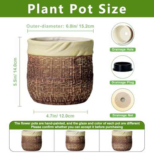 6 Inch Plant Pot - Ceramic Pots for Plants with Drainage Hole and Plug, Unique Plant Pots for Indoor Outdoor Plants, Round Planter, Room Home Decor, Gifts for Plant Lovers, Brown - color: Brown, size: 6 Inch