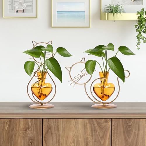 Plant Terrarium Propagation Station Gifts for Women Cat Lover - color: Gold Amber