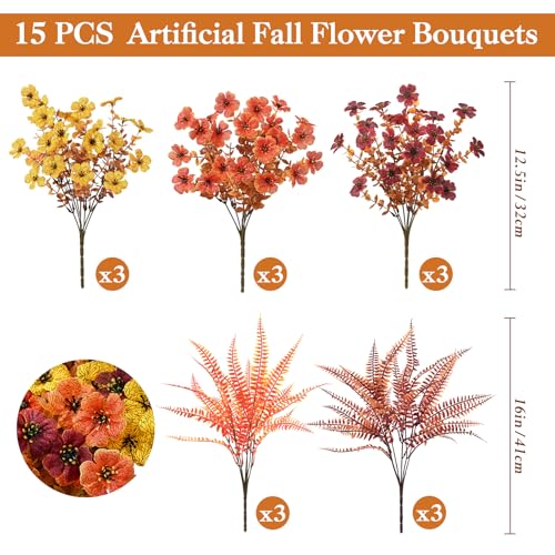 Artificial Fall Flowers for Outdoors, Fall Flowers Decor, 15Pcs Fake Mums - size: 15 pcs