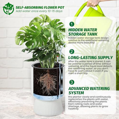 Garvee Self-Watering Planters, Set of 2, 14.2 Inch Tall Plant Pots - color: White