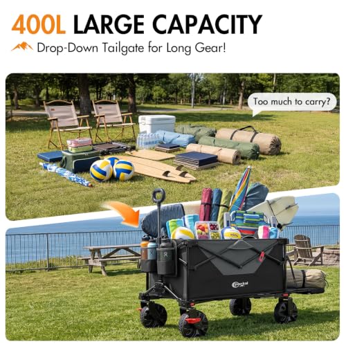 400L Collapsible Beach Wagon Cart for Sand Camping Garden Long Tailgate - color: Black, size: 400L with Brake