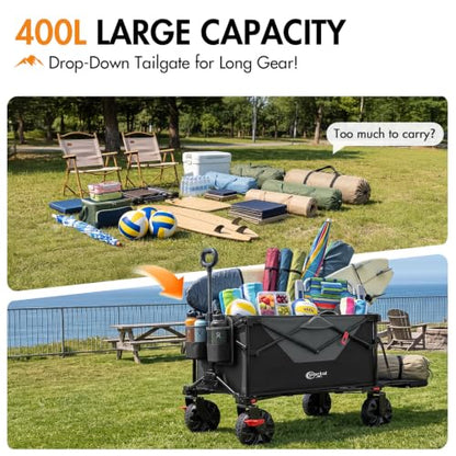 400L Collapsible Beach Wagon Cart for Sand Camping Garden Long Tailgate - color: Black, size: 400L with Brake