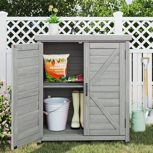 Outdoor Storage Cabinet & Potting Bench Table with Metal Top, Wooden Patio Furniture, Garden Workstation (Classic Grey, 36x31x17in) - color: Classic Grey, size: 36x31x17in