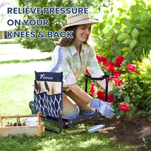 VOPEAK Garden Kneeler and Seat Heavy Duty, Foldable Garden Stool with Upgraded Widened Thick Kneeling Pad, Stable Garden Kneeler with 2 Large Tool Bags, Gardening Gifts for Women, Men, Seniors, Blue