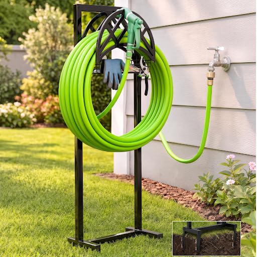Growia Garden Hose Holder Stand, Freestanding Metal, Holds 160ft Hose