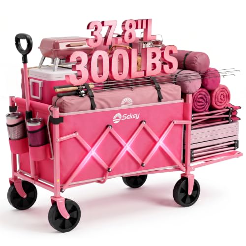 Sekey Collapsible Wagon with Tailgate, 300 lb Capacity, 38 in Cargo Length - color: Pink