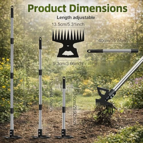 Weed Puller Tool with 61" Long Handle, 2-in-1 Garden Hoe & Weed Rake