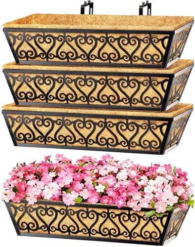 4 Pack 24 Inch Deck Railing Planter Box - Window Boxes Planters with Adjustable Brackets Coco Liners Balcony Planters Railing Hanging for Window Flower Boxes Outdoor Garden Decor - size: 24 Inch
