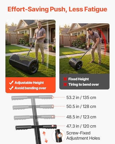 VEVOR Compost Spreader, 44" Wide Peat Moss Spreader with Push/Tow Handle, 4 Heights Adjustable, Powder-Coated Steel Garden Peat Moss Roller, Heavy Duty Grass Seed R - style: 44in