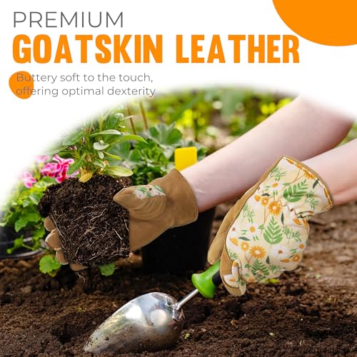 HANDLANDY Work Gloves for Women, Breathable Leather Gardening Glove for Yard Maintenance, Hand Protection with Touch Screen - color: Flower Khaki, size: Small (Pack of 1)