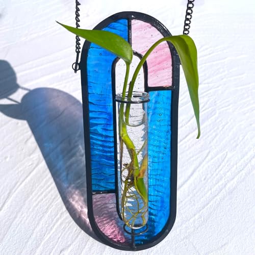 LITMIND Stained Glass Plant Propagation Station, Hanging Hydroponic Planter Terrarium with 2 Glass Tubes - Perfect for Home & Garden Décor - color: Style C03 (Blue Pink)