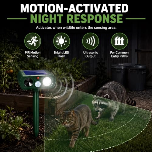 Solar Animal Repellent Outdoor Sonic Fortress Pro Deer Repellent Devices,Waterproof Ultrasonic Deterrent with Motion Activated & Light for Cat Raccoon Rabbit Fox Deterrent for Chicken Coop Yard,2 Pack