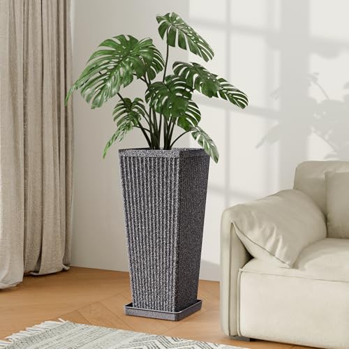 Square Tall Planters for Outdoor Plants with Tray - 24" Gray 2Pack - color: Grey-sandblasting