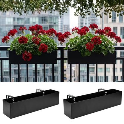 LaLaGreen Railing Planter Box (24 Inch, 2 Pack) Black Metal Rectangular Hanging Flower Boxes with Brackets, Deck Railings Planters for Outdoor Plants Fence Over Rail Balcony Patio Porch Stylish Garden - size: 24" x 2 Pack
