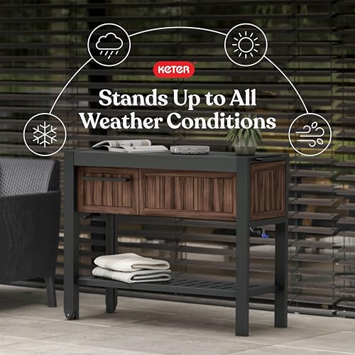 Keter Extendable Outdoor Bar Cart with Hidden Cooler, Storage Drawers & Prep Surface – Mobile Patio Serving Station with Drainage Kit & Hidden Wheels for Backyard, Garden & Poolside Entertaining - color: Extendable Bar Cart Rosewood