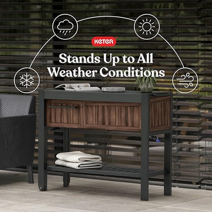 Keter Extendable Outdoor Bar Cart with Hidden Cooler, Storage Drawers & Prep Surface – Mobile Patio Serving Station with Drainage Kit & Hidden Wheels for Backyard, Garden & Poolside Entertaining - color: Extendable Bar Cart Rosewood