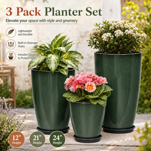 Neoaider Set of 3 Tall Planter, 24/21/12in Large Plastic Planter, DarkGreen - color: Dark Green